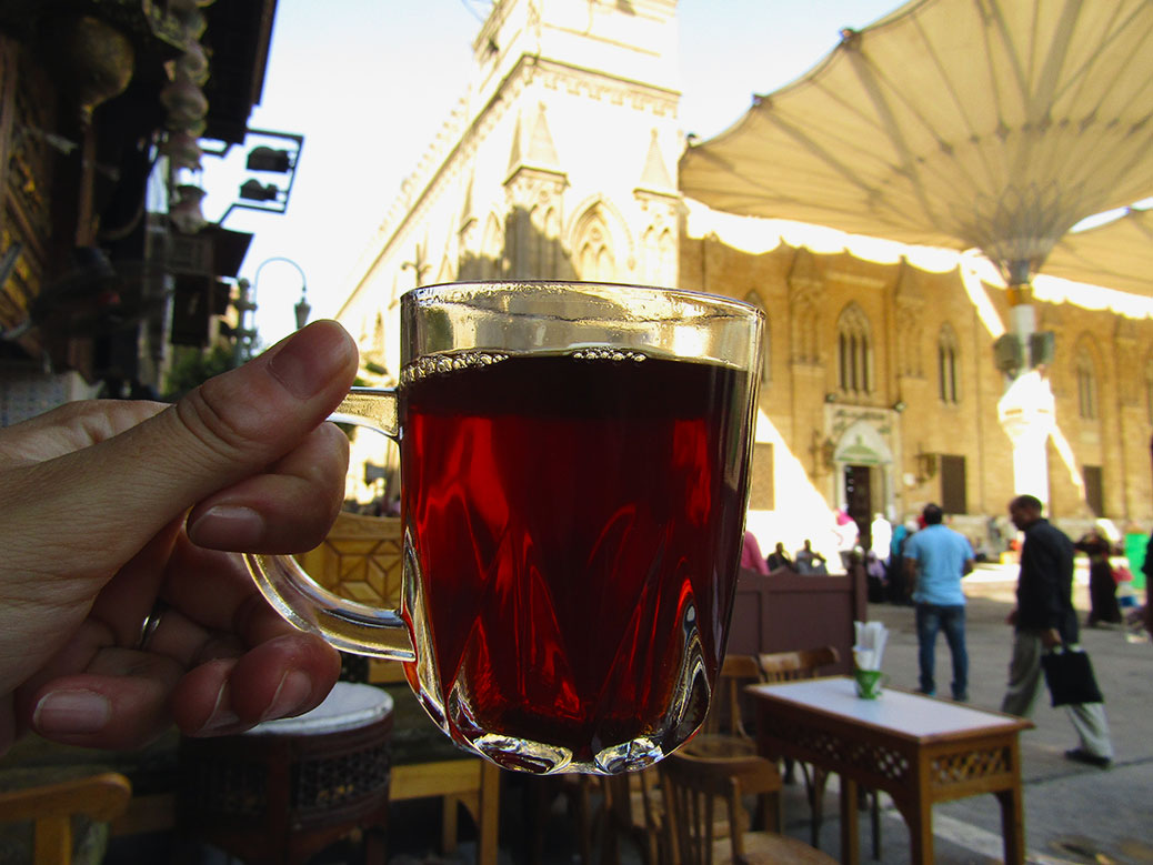 Mint tea in front of Al-Hussein Mosque.