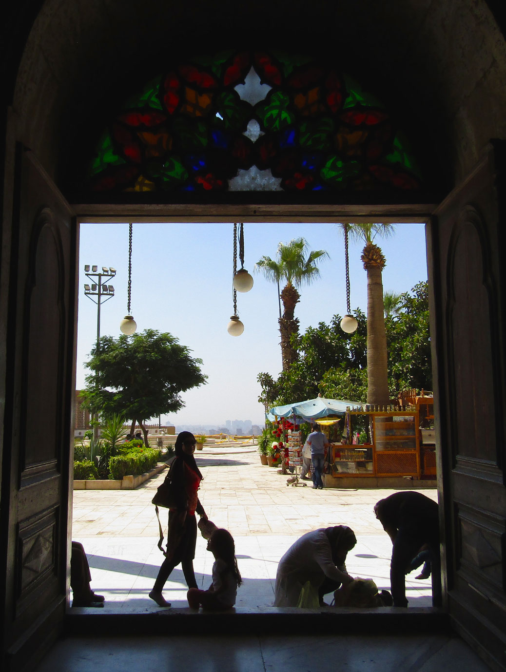 Walking out the door to views of the gardens and city of Cairo.