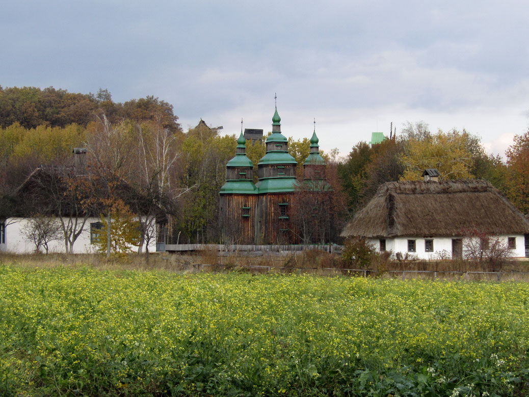 The green-domed Zarubincy village church is from the Cherkassy region and was built in 1742.