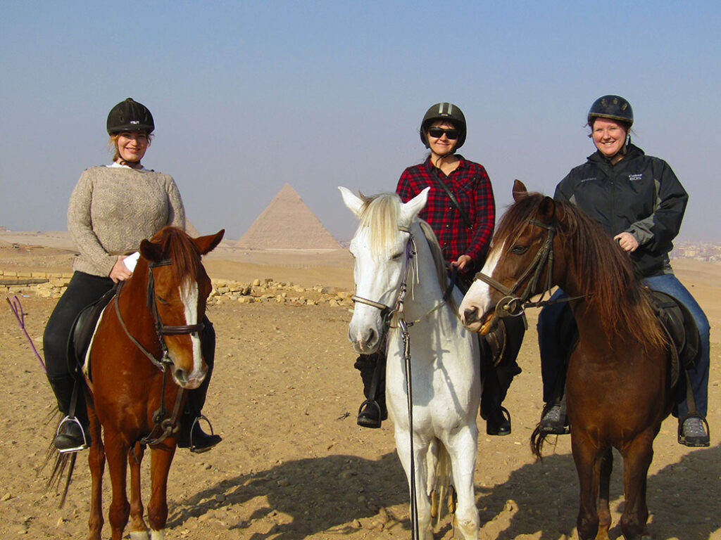 Jenny, me and Becky on our Arabians with the Giza Pyramids in the background.