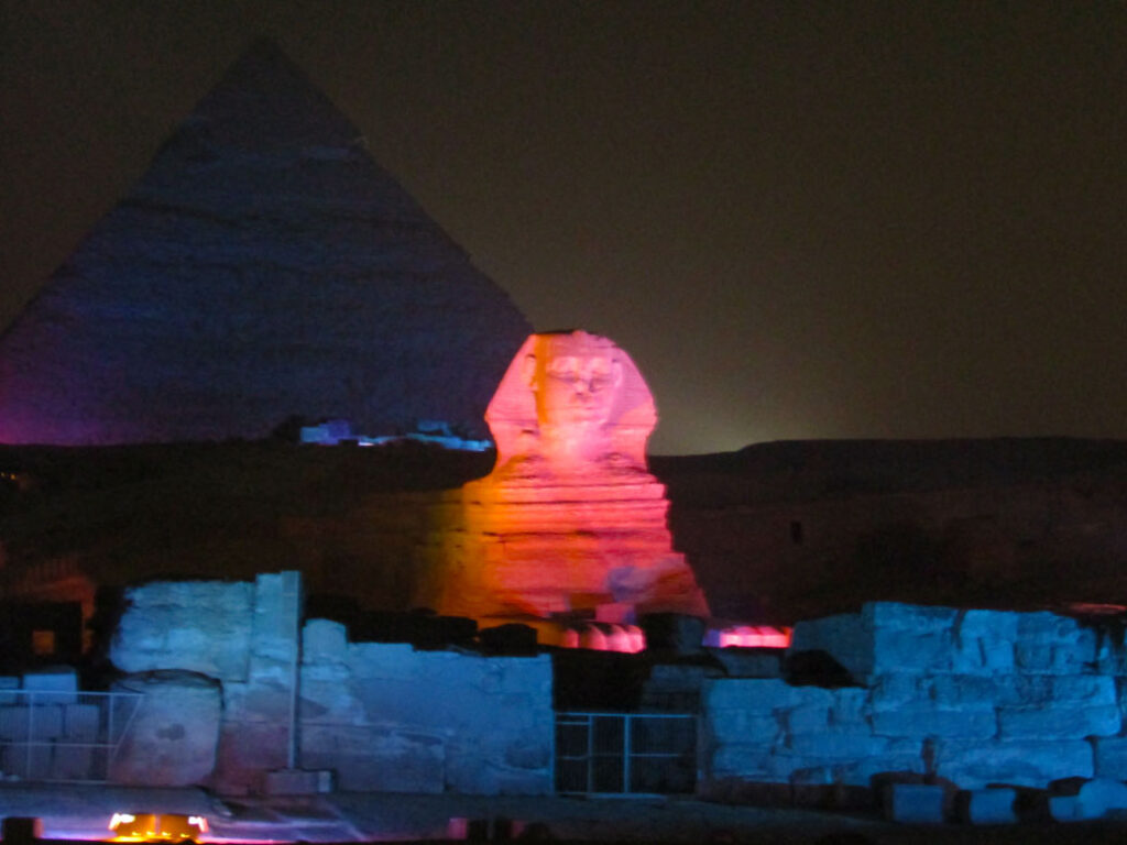 The Great Sphinx. Can you spot his lion paws? The Sphinx is thought to represent the Pharaoh Khafre, whose pyramid is behind the Sphinx from this view.