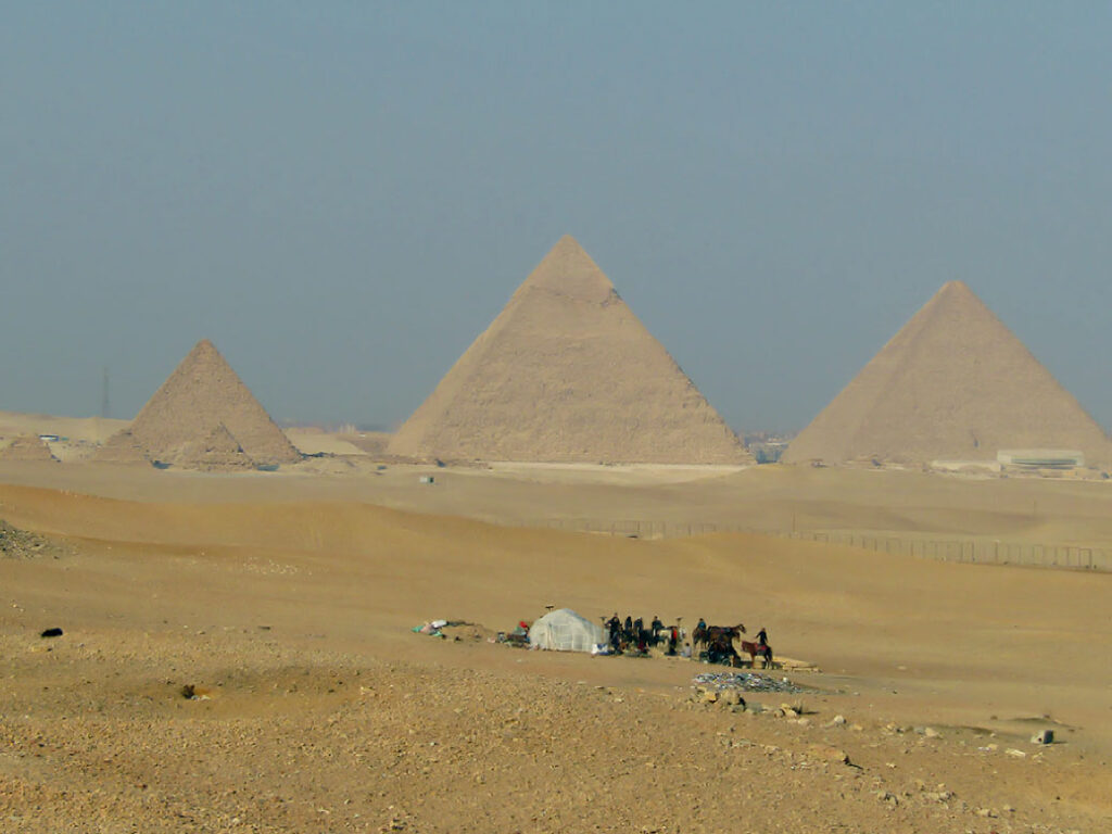 The three largest Pyramids of Giza and the three smaller ones on the left are the Pyramids of the Queens.