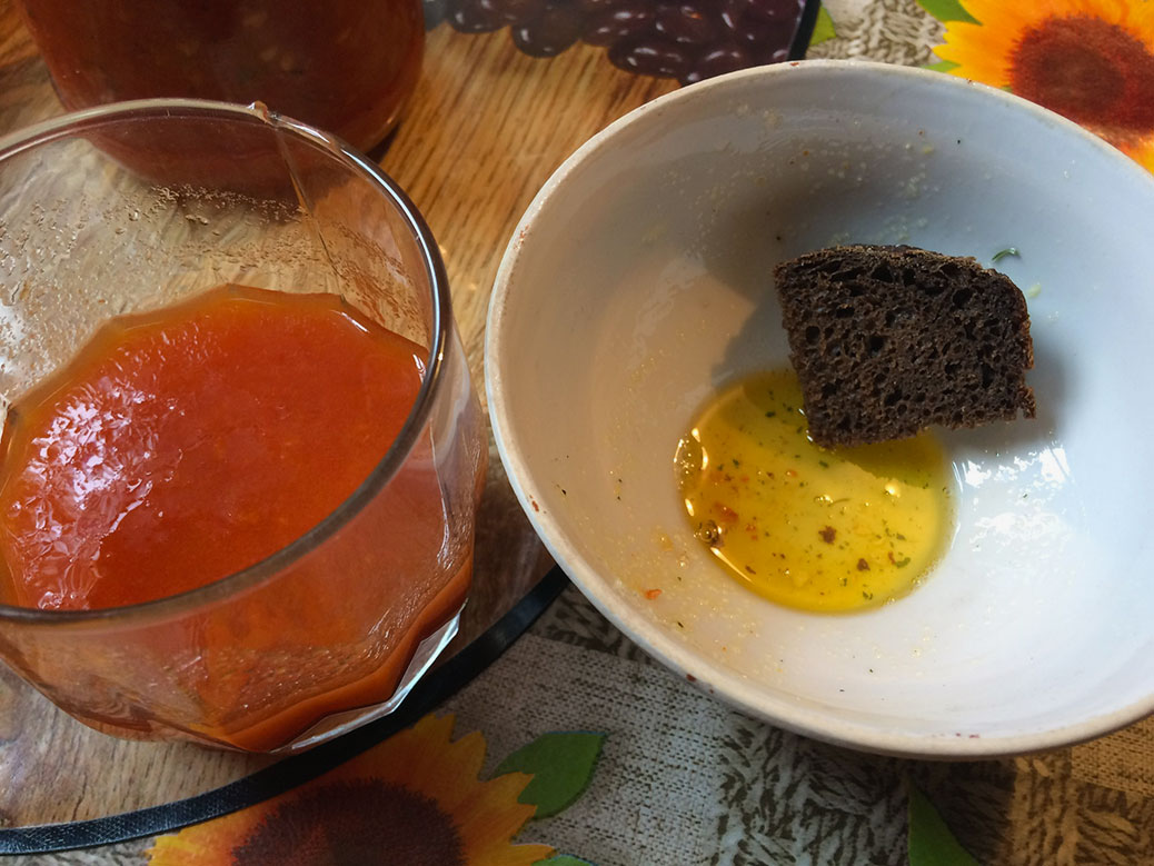 This was one of my favorite things I ate: home-canned tomato juice, black bread and a sprinkle of seasoning salt in unrefined sunflower oil. The oil was so thick and had a flavor of its own. Ukraine is one of the world’s largest sunflower oil producers.