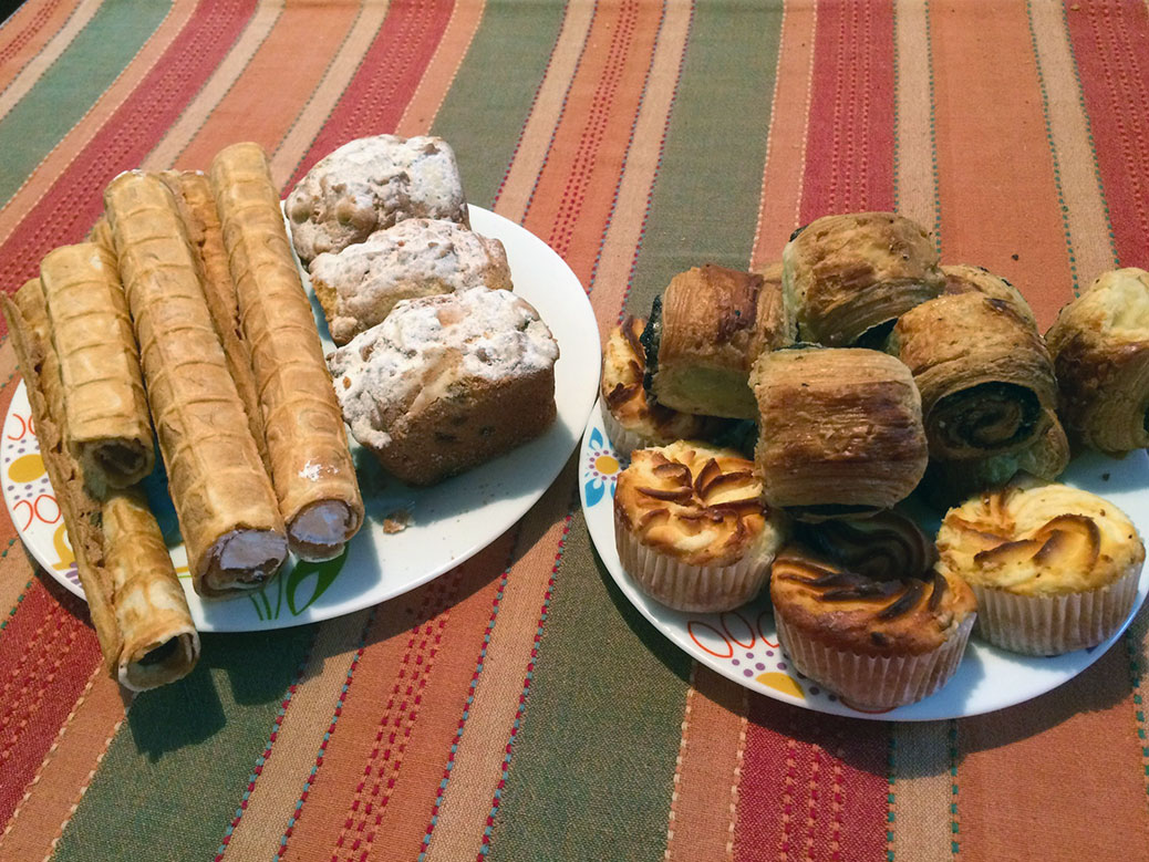 Rolled wafers with caramel and cream, coffee cakes, poppy seed rolls and cheese muffins.