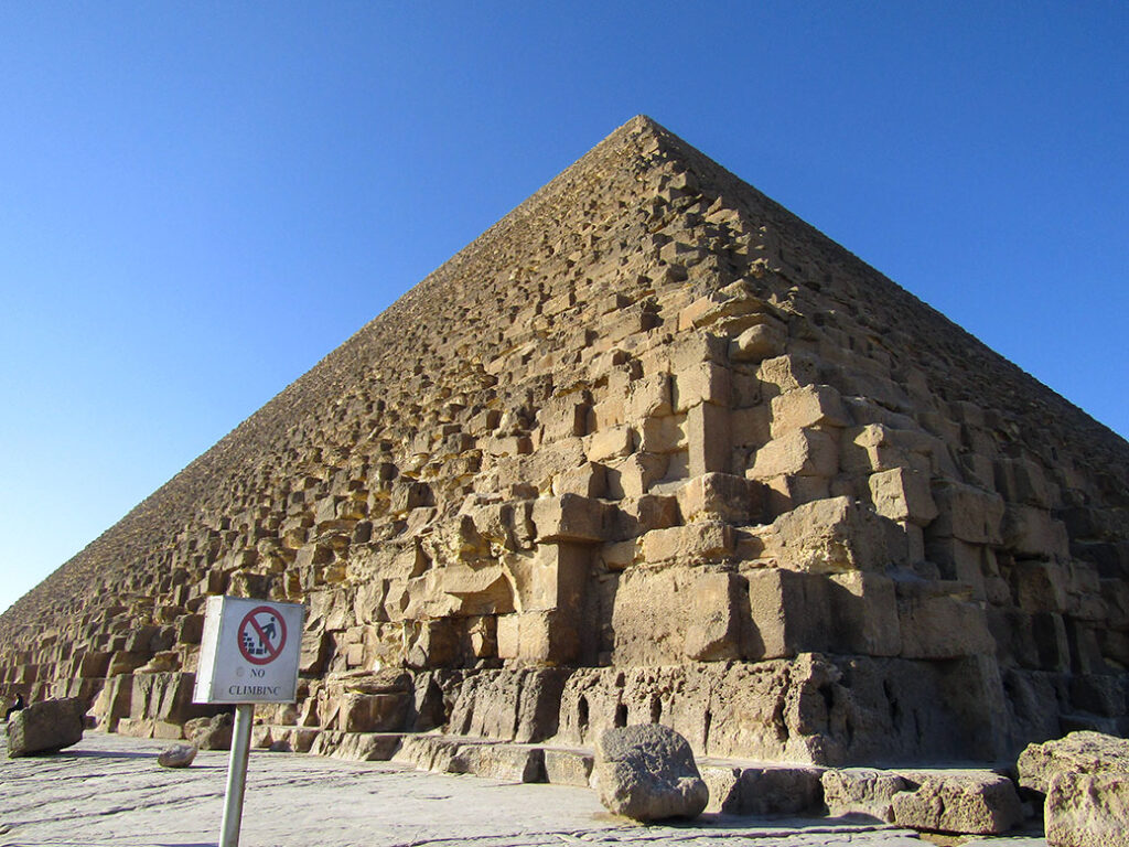 The Great Pyramid of King Khufu. From a distance, the pyramids seem smooth, but up close you can see the jagged exposed limestone of the pyramid's core.