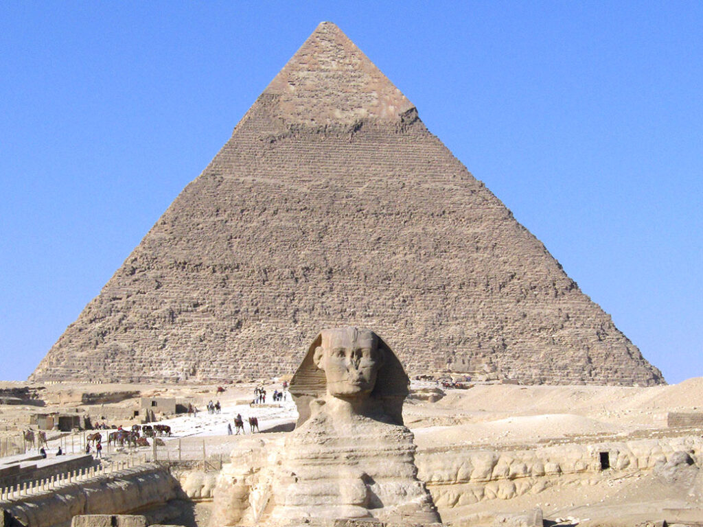 The Great Sphinx and Khafre's Pyramid at the Giza Pyramid Complex.