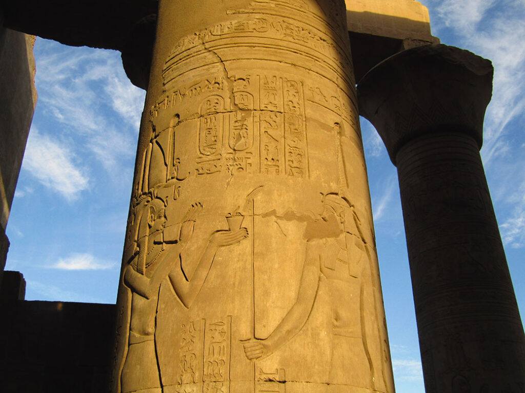 Carvings in a column at the Temple of Kom Ombo in Aswan.