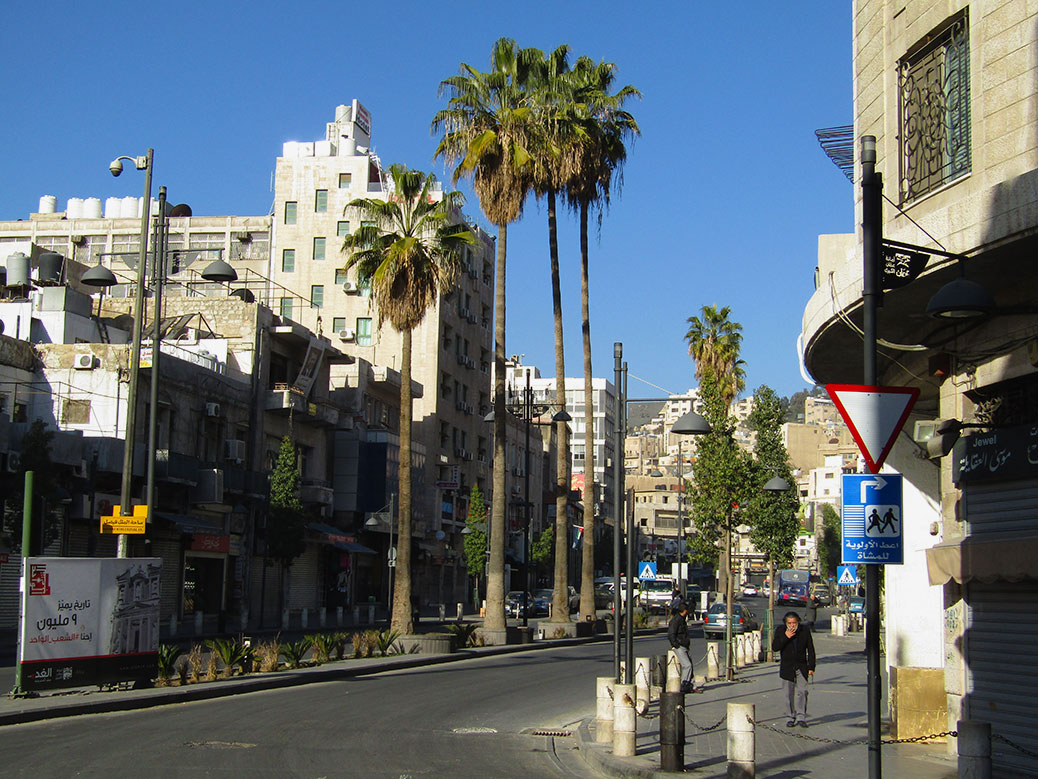 King Faisal Street is the commercial center of Amman. While crowded and noisy during the day and early evening, only a handful of pedestrians were out and about in the early morning.